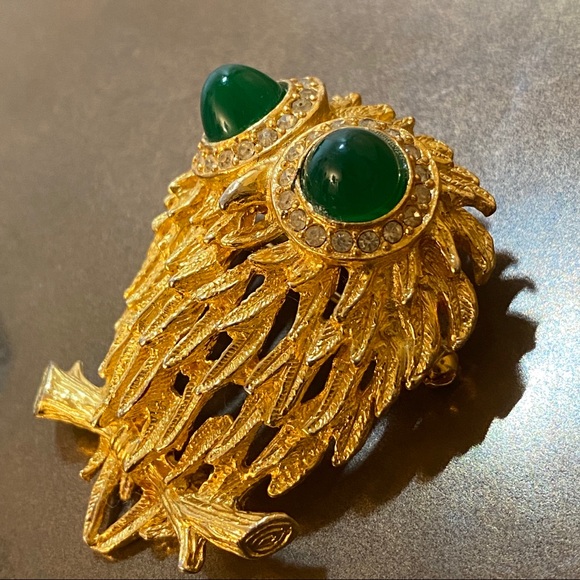 Vintage 60’s-70’s Gold OWL Green Eyes Brooch Pin - Picture 3 of 5